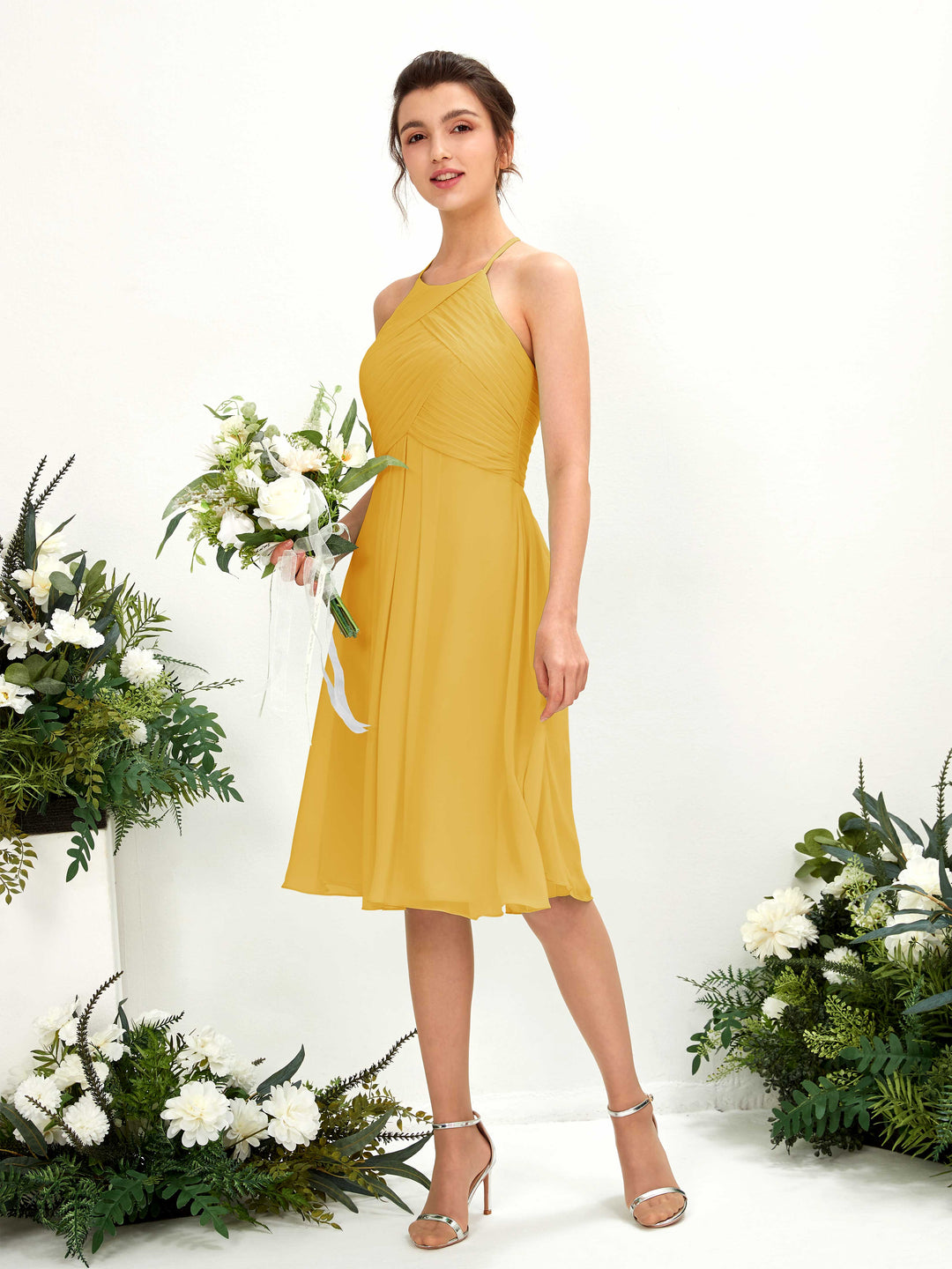 Carlyna A-Linien Kleid mit Rundhals Chiffon knielanges Brautjungfernkleid Senfgelb 