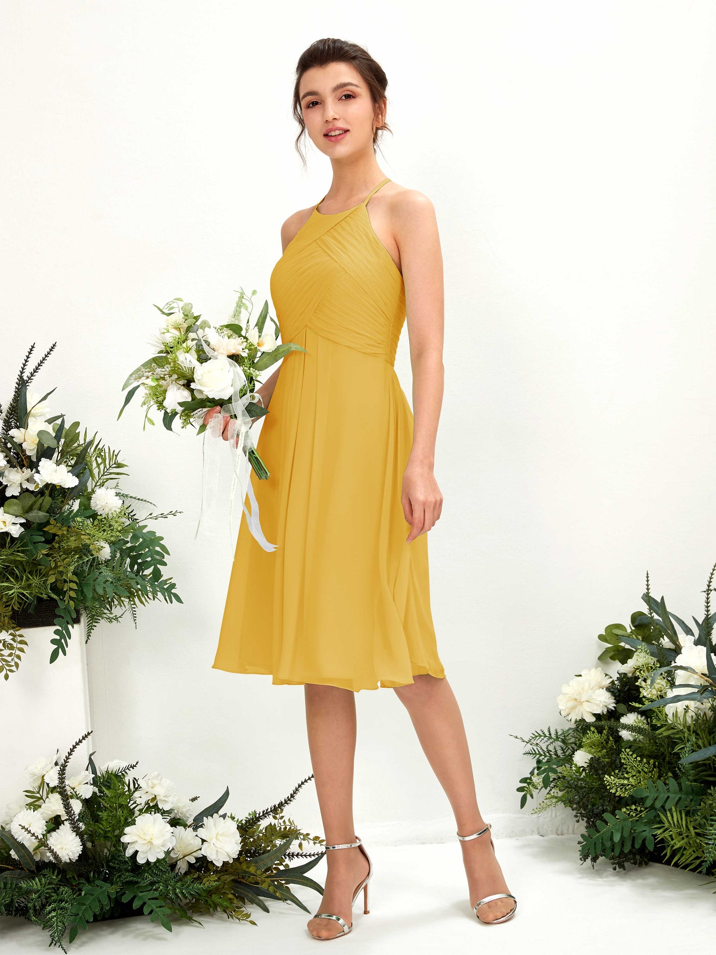 Carlyna A-Linien Kleid mit Rundhals Chiffon knielanges Brautjungfernkleid Senfgelb #farbe_senfgelb
