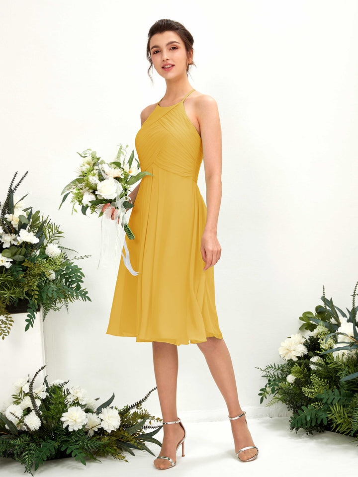 Carlyna A-Linien Kleid mit Rundhals Chiffon knielanges Brautjungfernkleid Senfgelb 