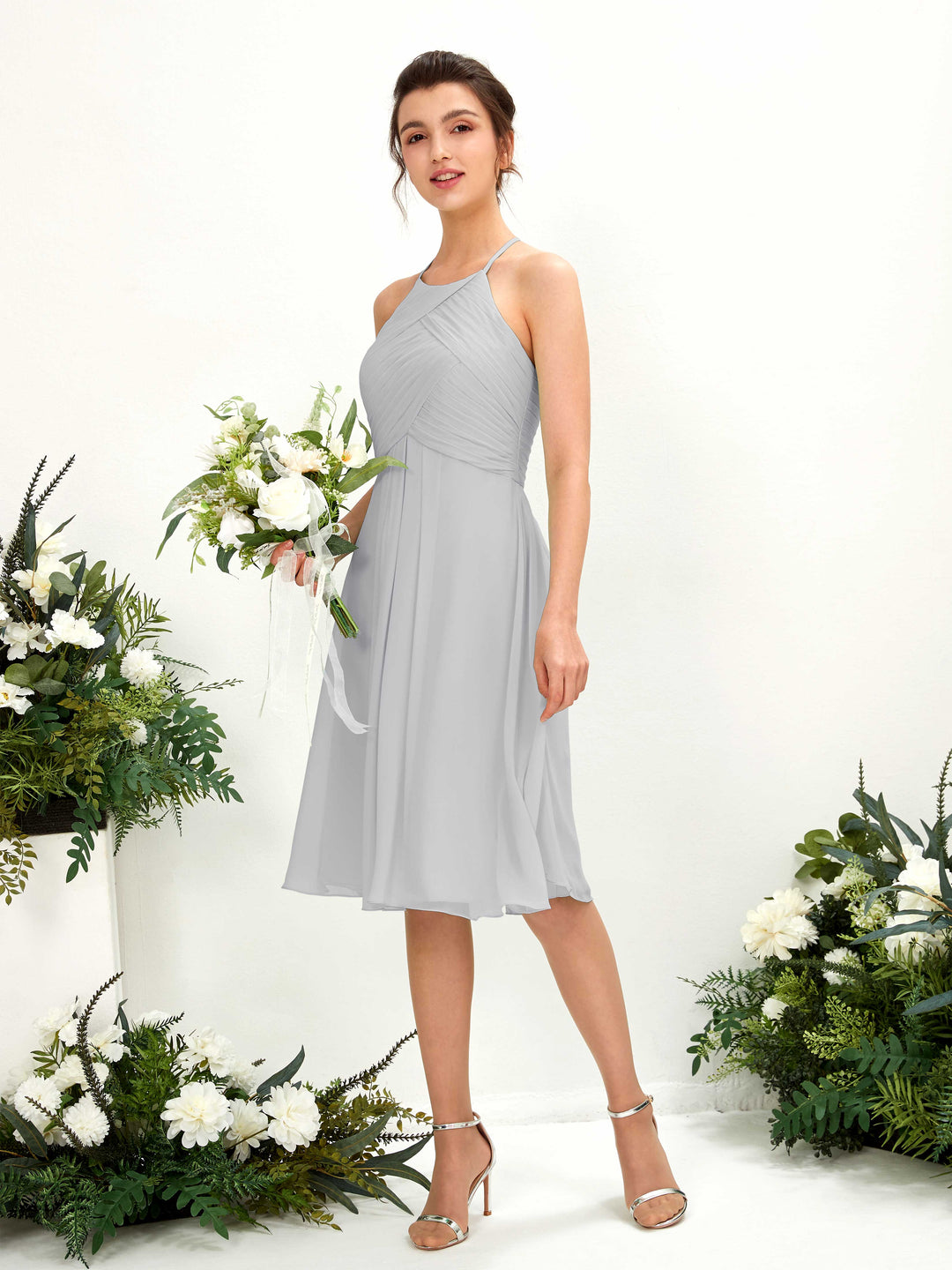 Carlyna A-Linien Kleid mit Rundhals Chiffon knielanges Brautjungfernkleid Silber 