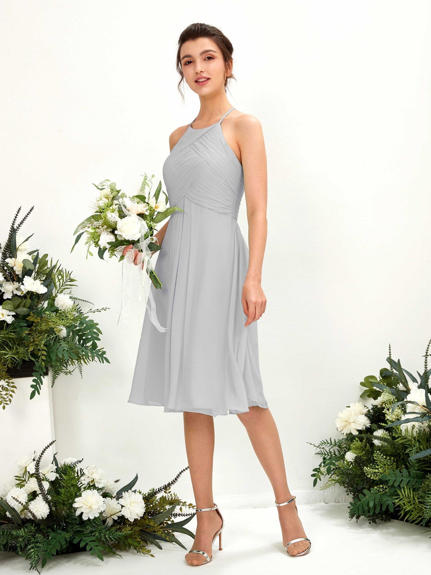 Carlyna A-Linien Kleid mit Rundhals Chiffon knielanges Brautjungfernkleid Silber #farbe_silber