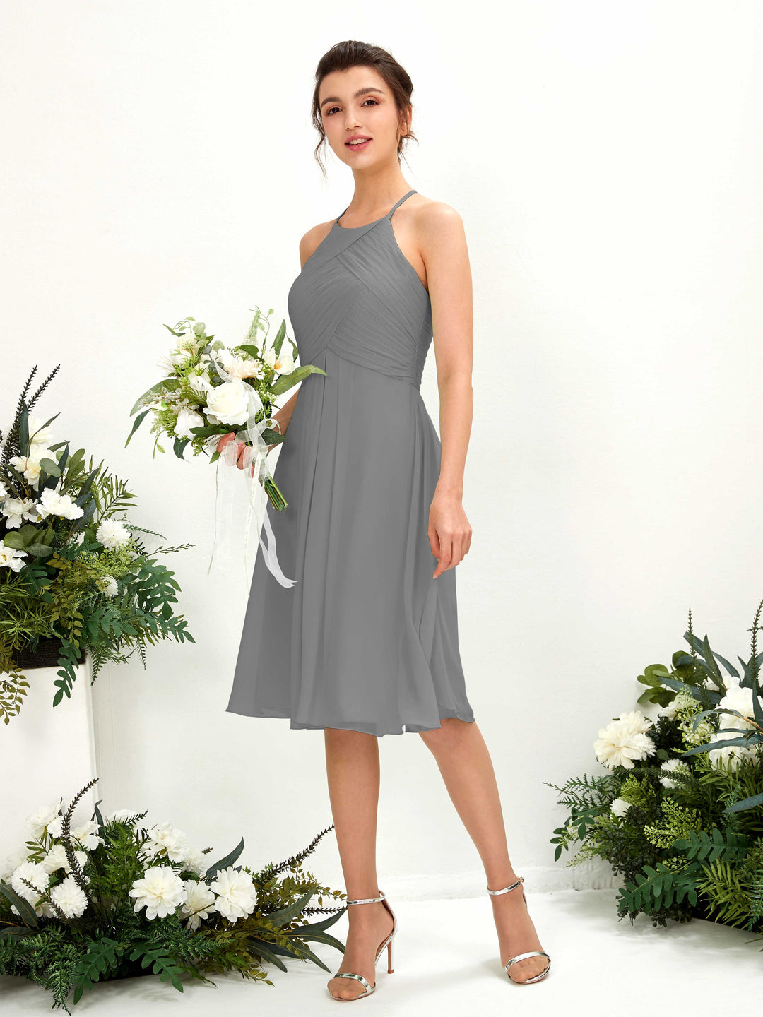 Carlyna A-Linien Kleid mit Rundhals Chiffon knielanges Brautjungfernkleid Stahlgrau 