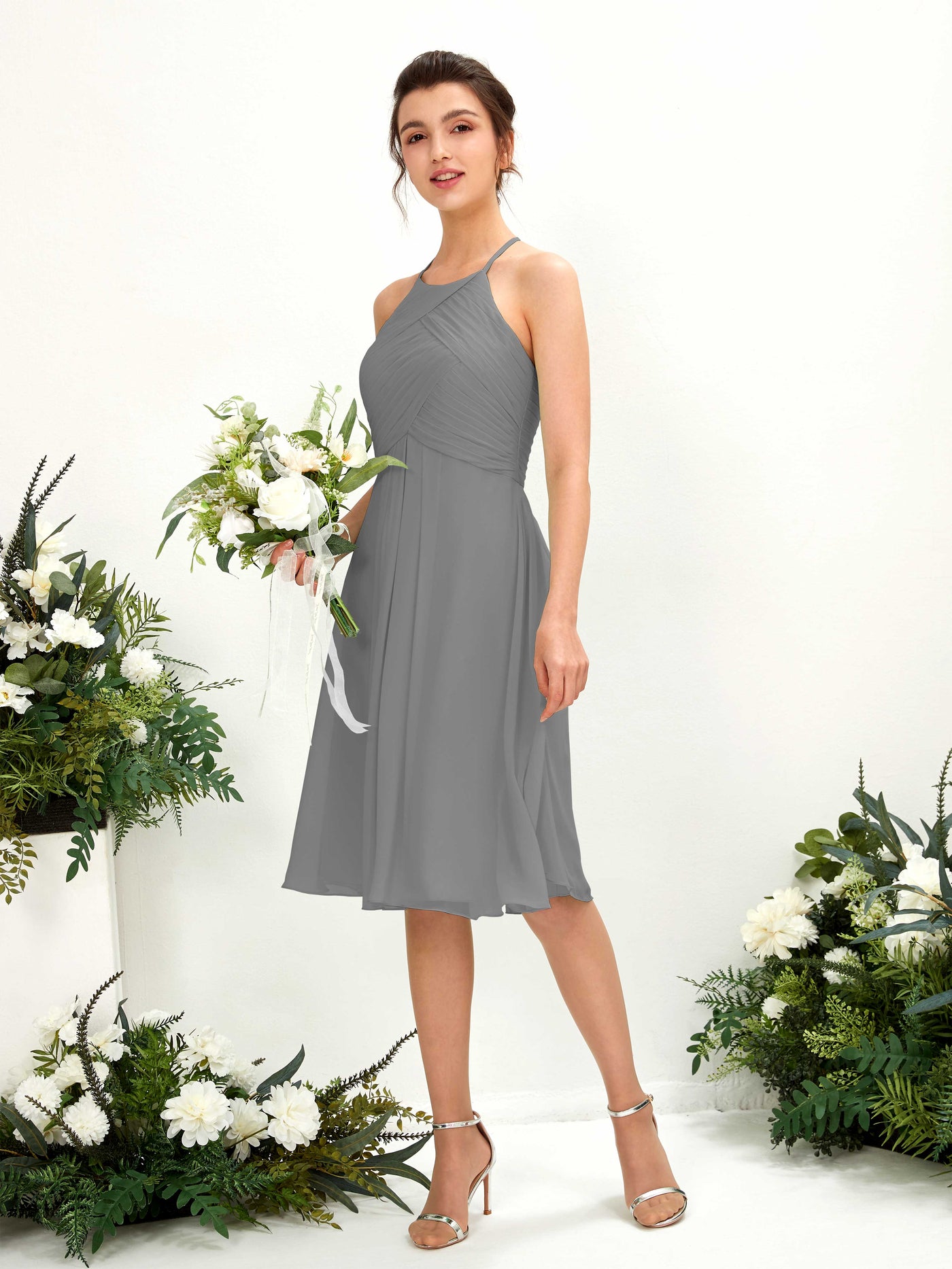 Carlyna A-Linien Kleid mit Rundhals Chiffon knielanges Brautjungfernkleid Stahlgrau #farbe_stahlgrau