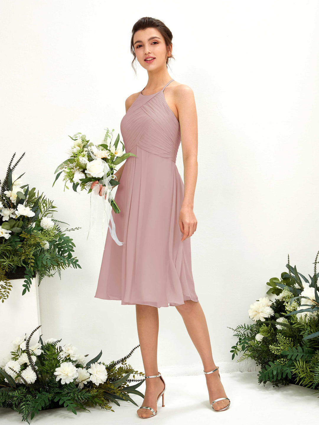 Carlyna A-Linien Kleid mit Rundhals Chiffon knielanges Brautjungfernkleid Staubige Rose 