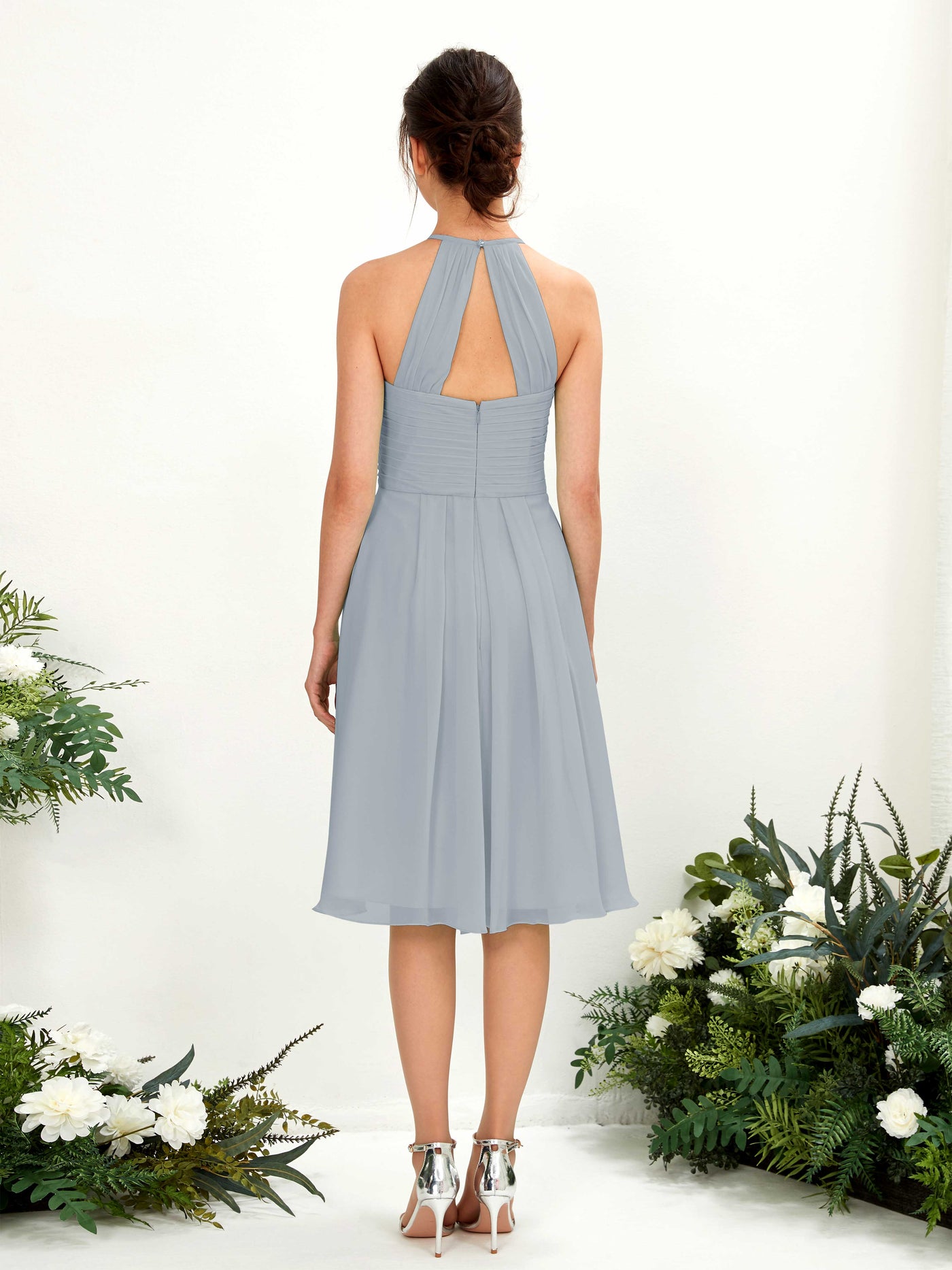 Carlyna A-Linien Kleid mit Rundhals Chiffon knielanges Brautjungfernkleid Staubiges Blau-Upgrade #farbe_staubiges-blau-upgrade