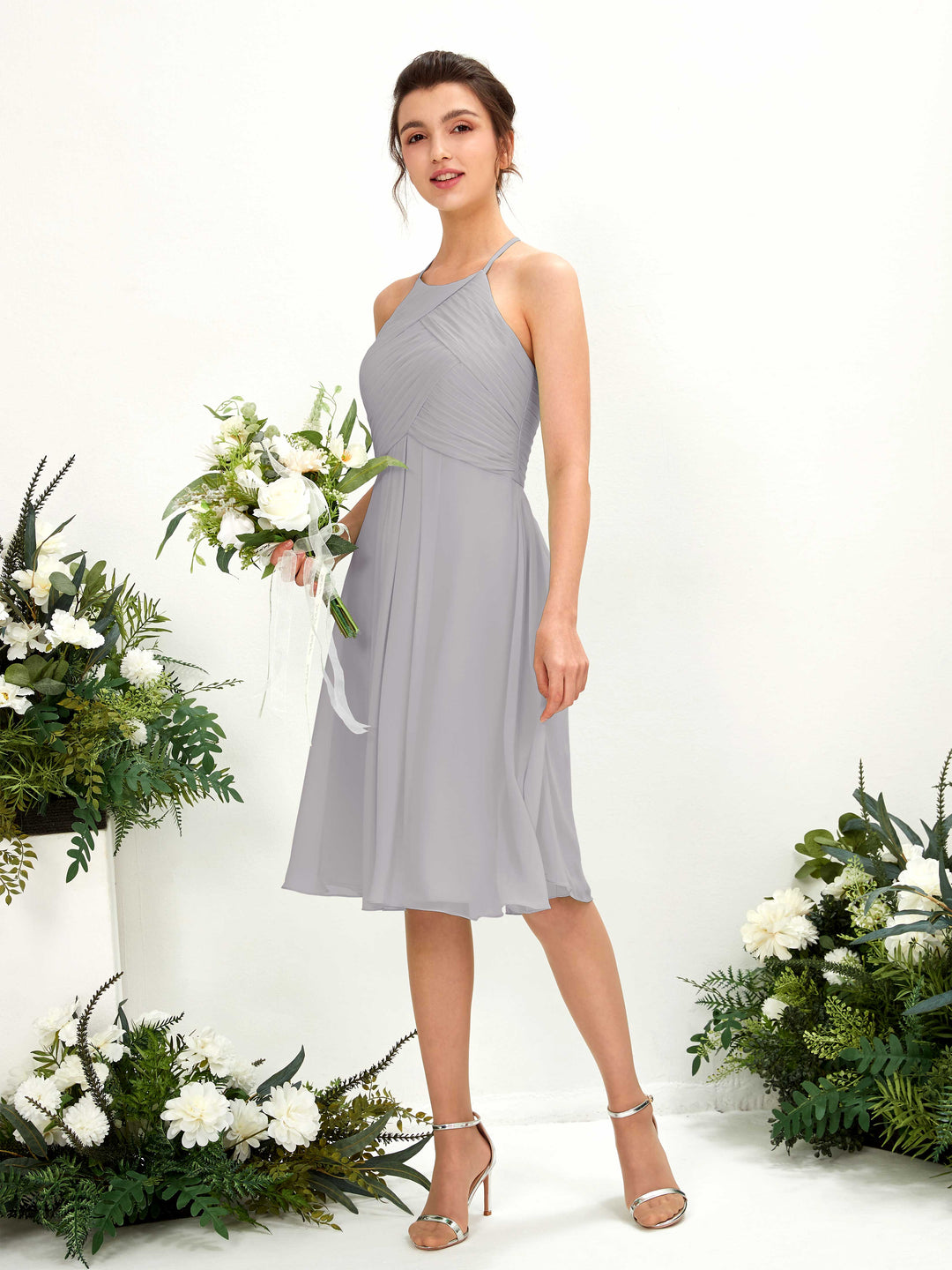Carlyna A-Linien Kleid mit Rundhals Chiffon knielanges Brautjungfernkleid Taube 