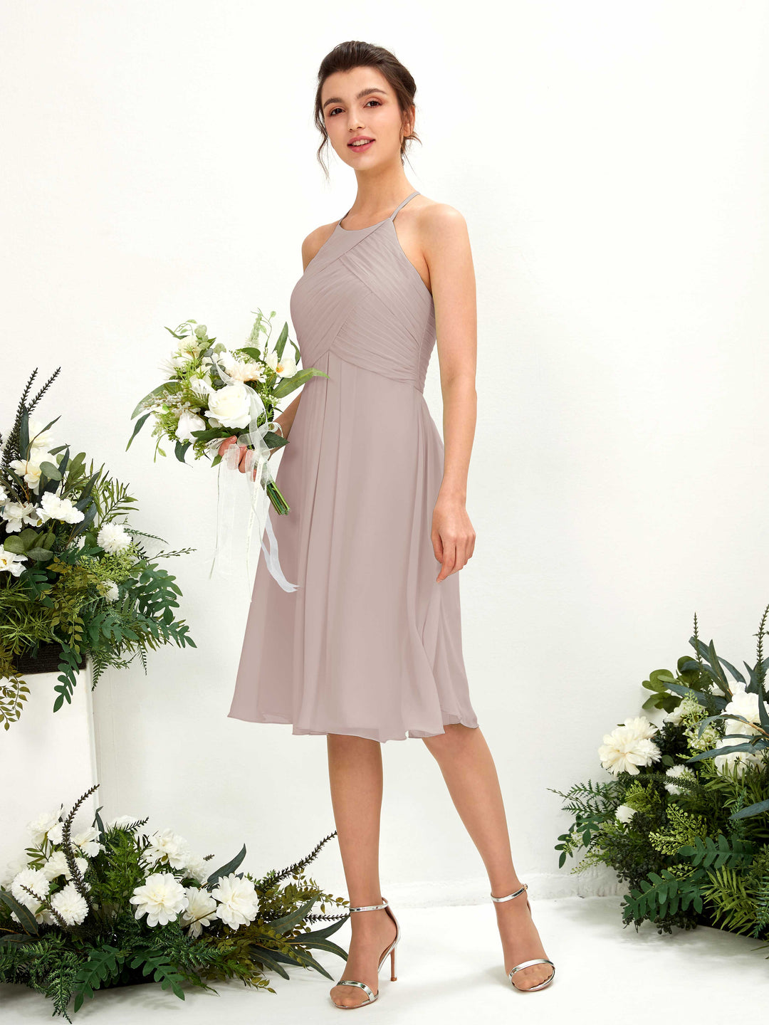Carlyna A-Linien Kleid mit Rundhals Chiffon knielanges Brautjungfernkleid Taupe 