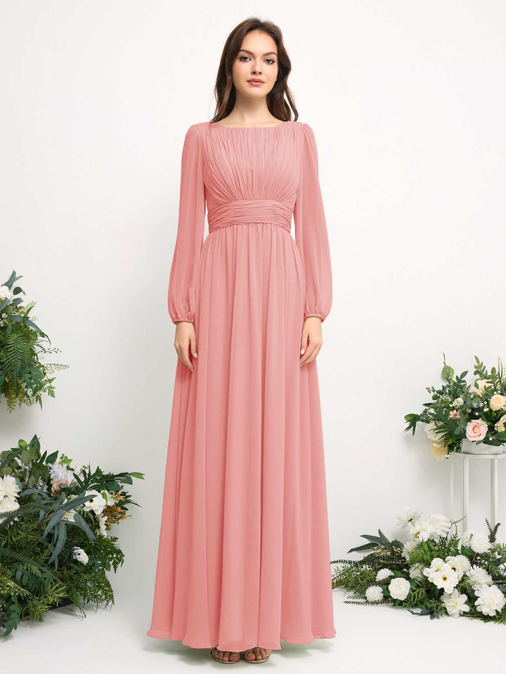 Carlyna A-Linien-Kleid mit U-Boot-Ausschnitt Chiffon Langarmkleid für Brautjungfer Ballettrosa 