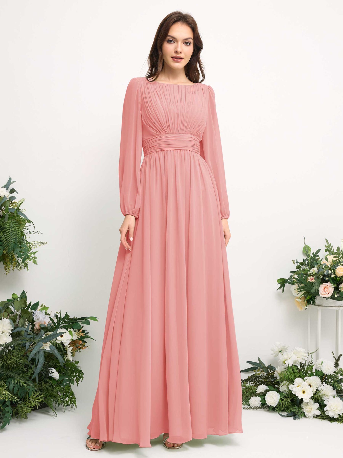 Carlyna A-Linien-Kleid mit U-Boot-Ausschnitt Chiffon Langarmkleid für Brautjungfer Ballettrosa #farbe_ballettrosa