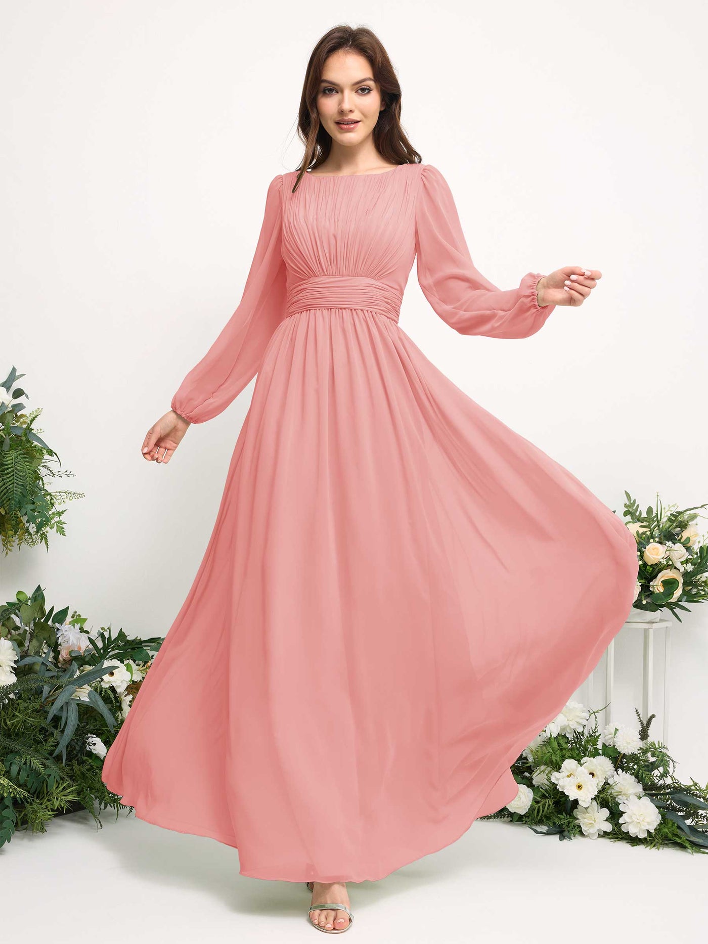 Carlyna A-Linien-Kleid mit U-Boot-Ausschnitt Chiffon Langarmkleid für Brautjungfer Ballettrosa #farbe_ballettrosa