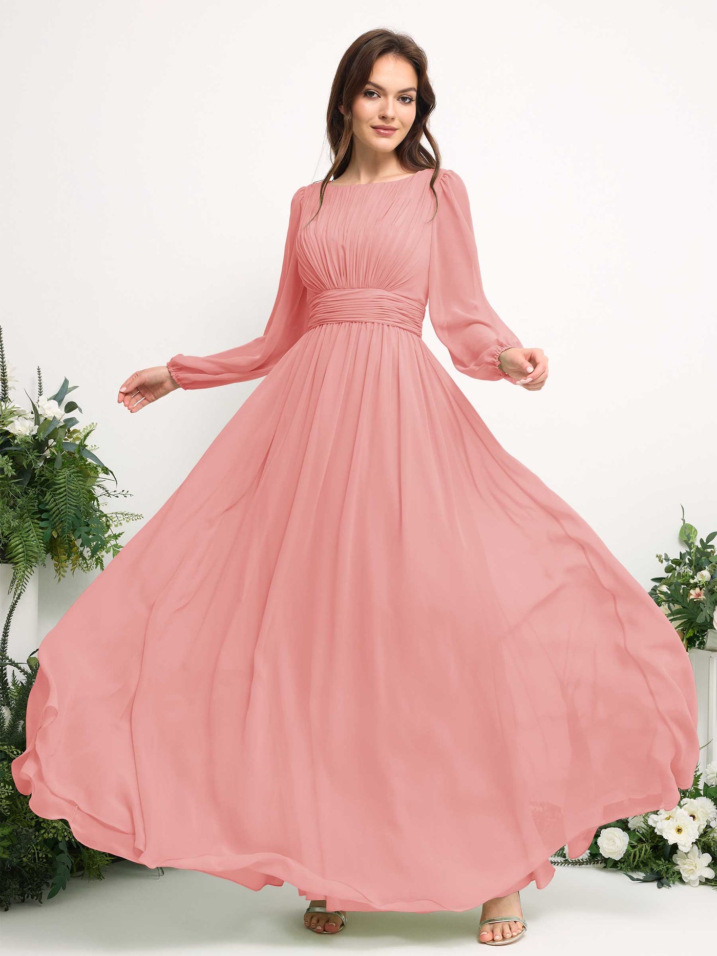Carlyna A-Linien-Kleid mit U-Boot-Ausschnitt Chiffon Langarmkleid für Brautjungfer Ballettrosa #farbe_ballettrosa