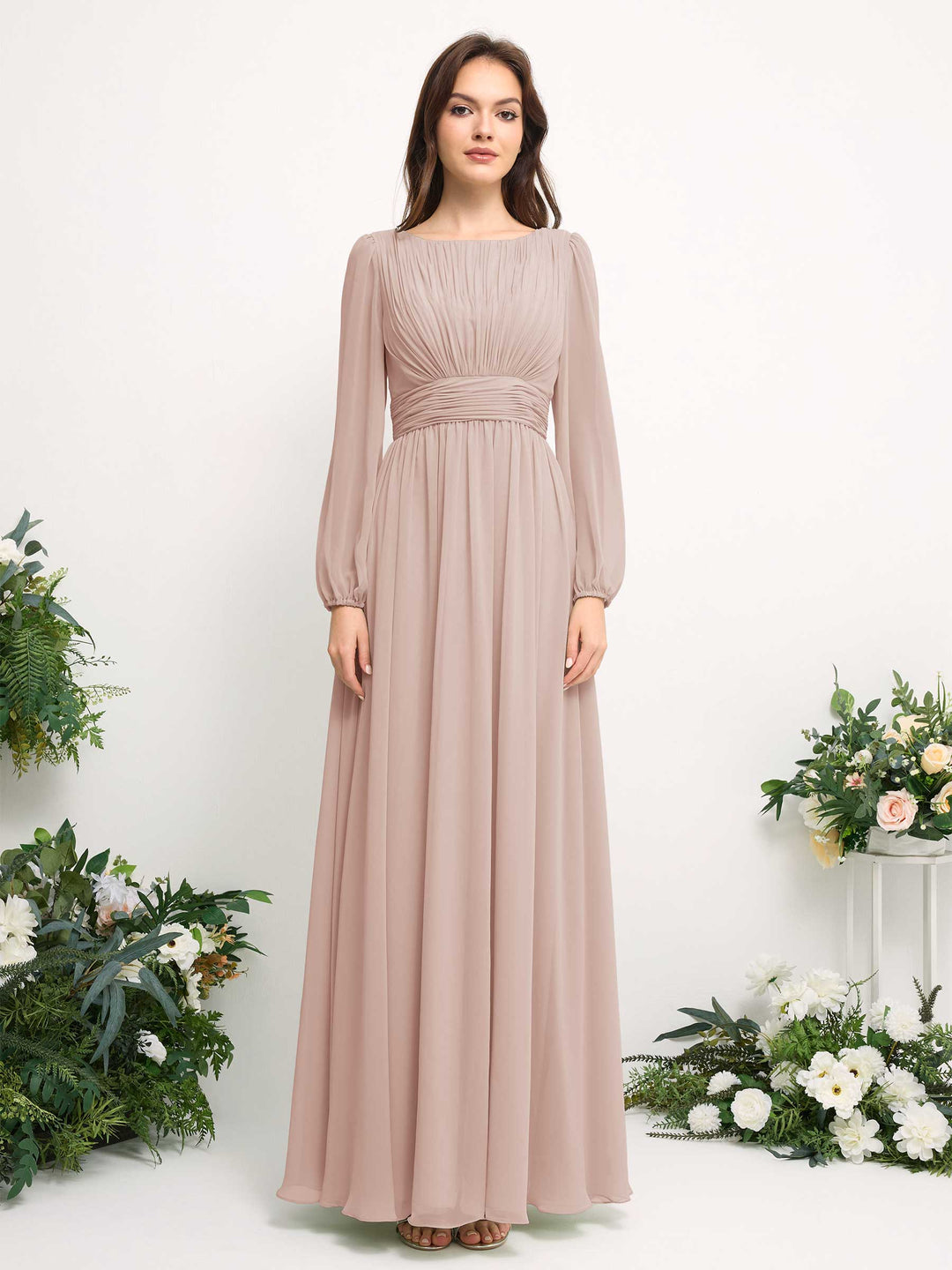Carlyna A-Linien-Kleid mit U-Boot-Ausschnitt Chiffon Langarmkleid für Brautjungfer Biscotti 