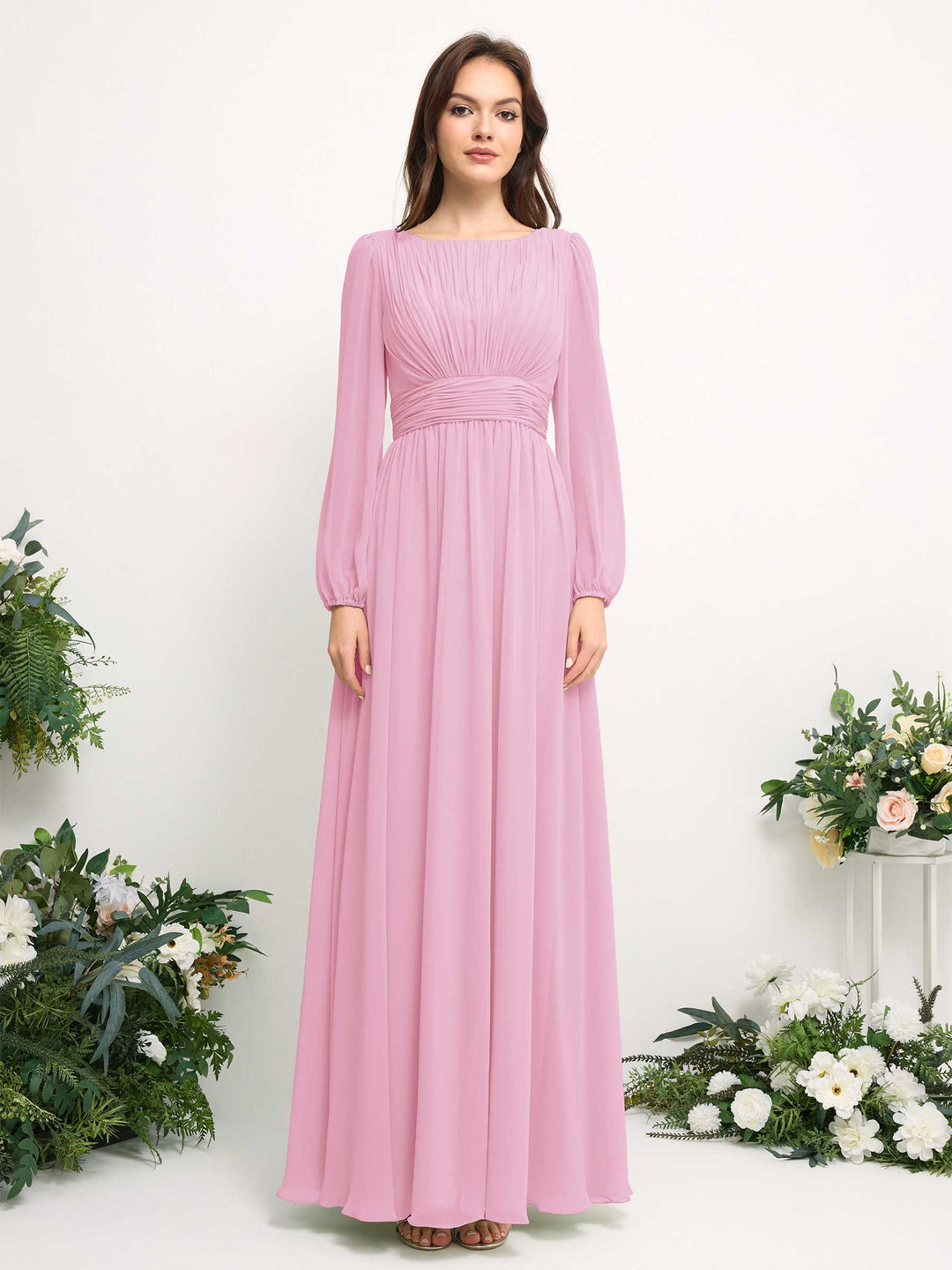 Carlyna A-Linien-Kleid mit U-Boot-Ausschnitt Chiffon Langarmkleid für Brautjungfer Bonbonrosa 