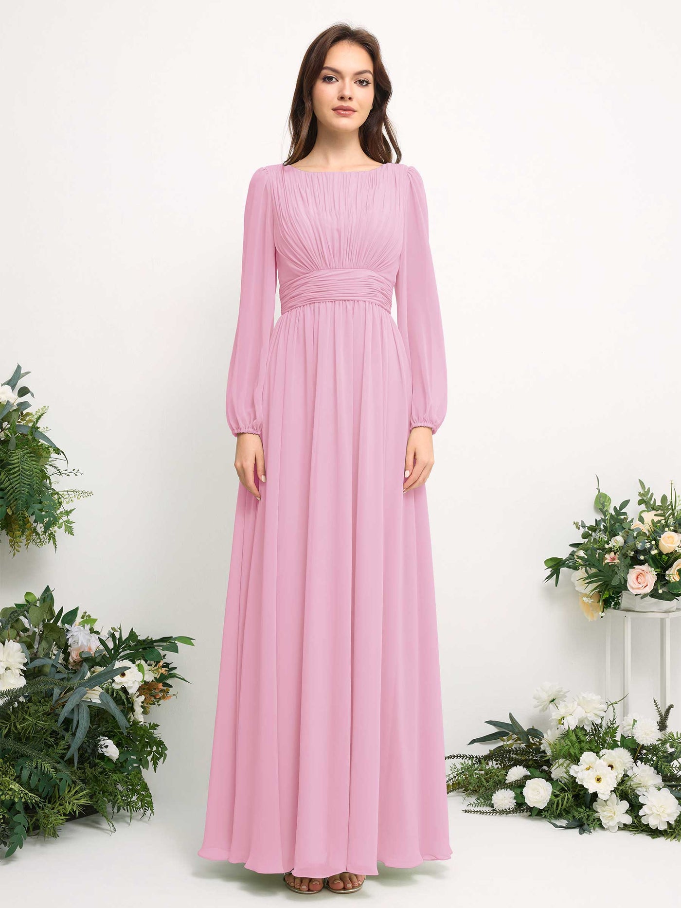Carlyna A-Linien-Kleid mit U-Boot-Ausschnitt Chiffon Langarmkleid für Brautjungfer Bonbonrosa #farbe_bonbonrosa