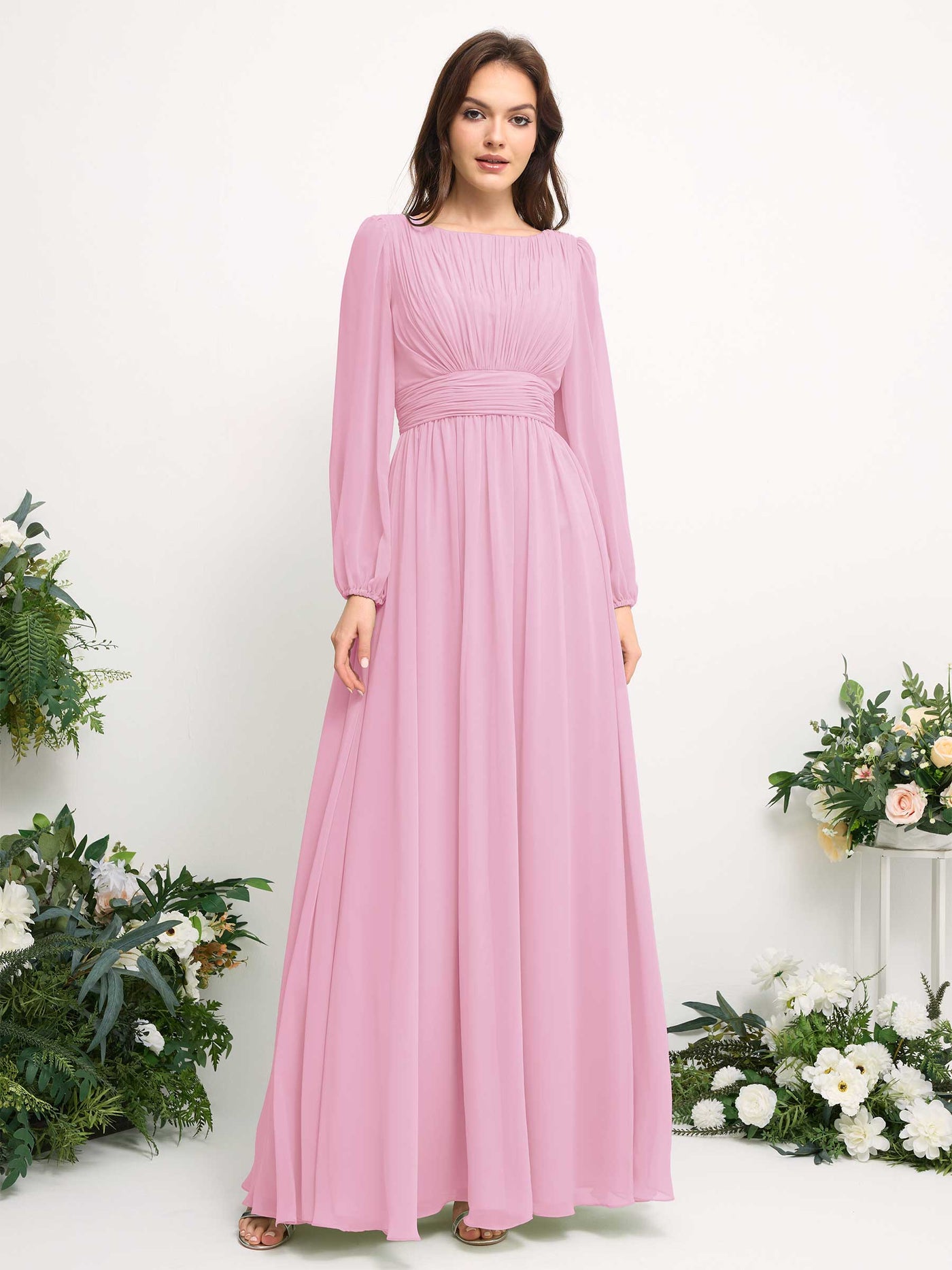 Carlyna A-Linien-Kleid mit U-Boot-Ausschnitt Chiffon Langarmkleid für Brautjungfer Bonbonrosa #farbe_bonbonrosa