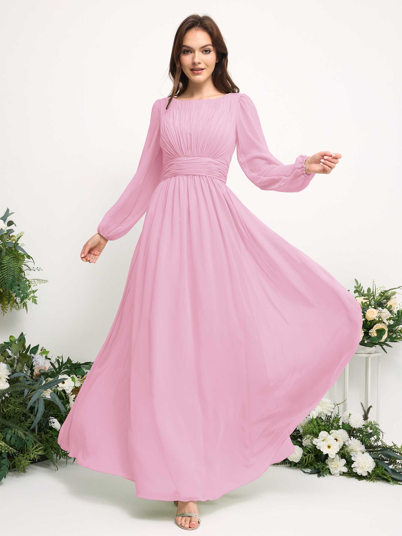 Carlyna A-Linien-Kleid mit U-Boot-Ausschnitt Chiffon Langarmkleid für Brautjungfer Bonbonrosa #farbe_bonbonrosa