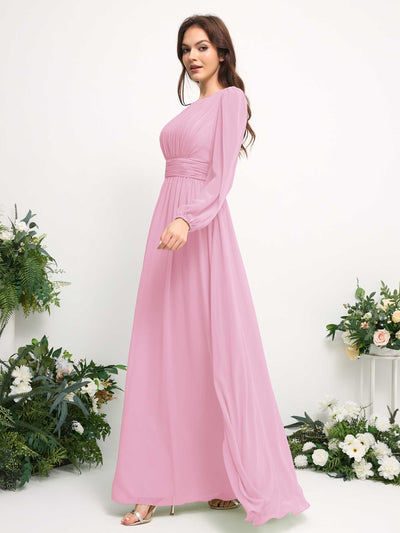 Carlyna A-Linien-Kleid mit U-Boot-Ausschnitt Chiffon Langarmkleid für Brautjungfer Bonbonrosa #farbe_bonbonrosa