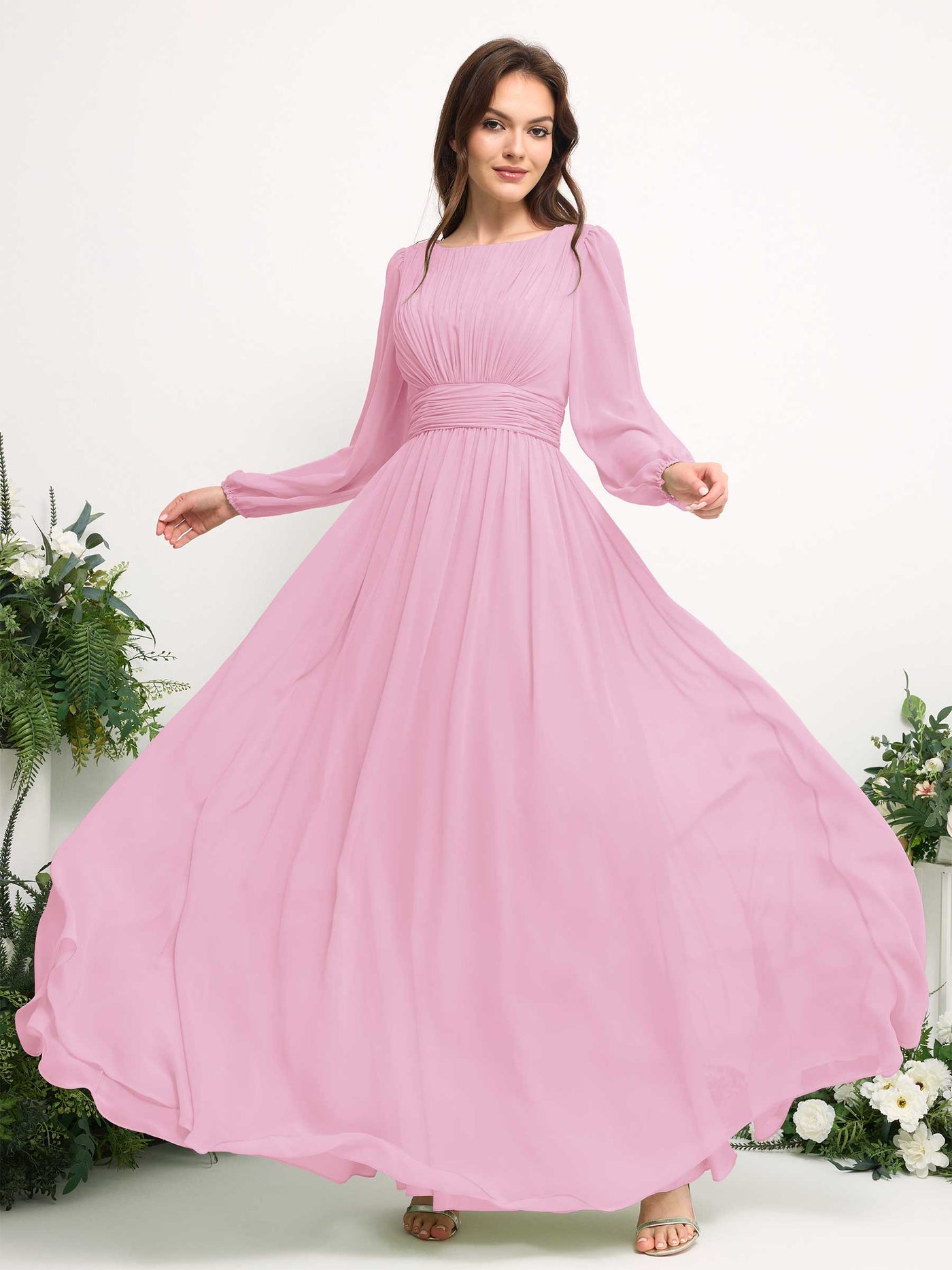 Carlyna A-Linien-Kleid mit U-Boot-Ausschnitt Chiffon Langarmkleid für Brautjungfer Bonbonrosa #farbe_bonbonrosa