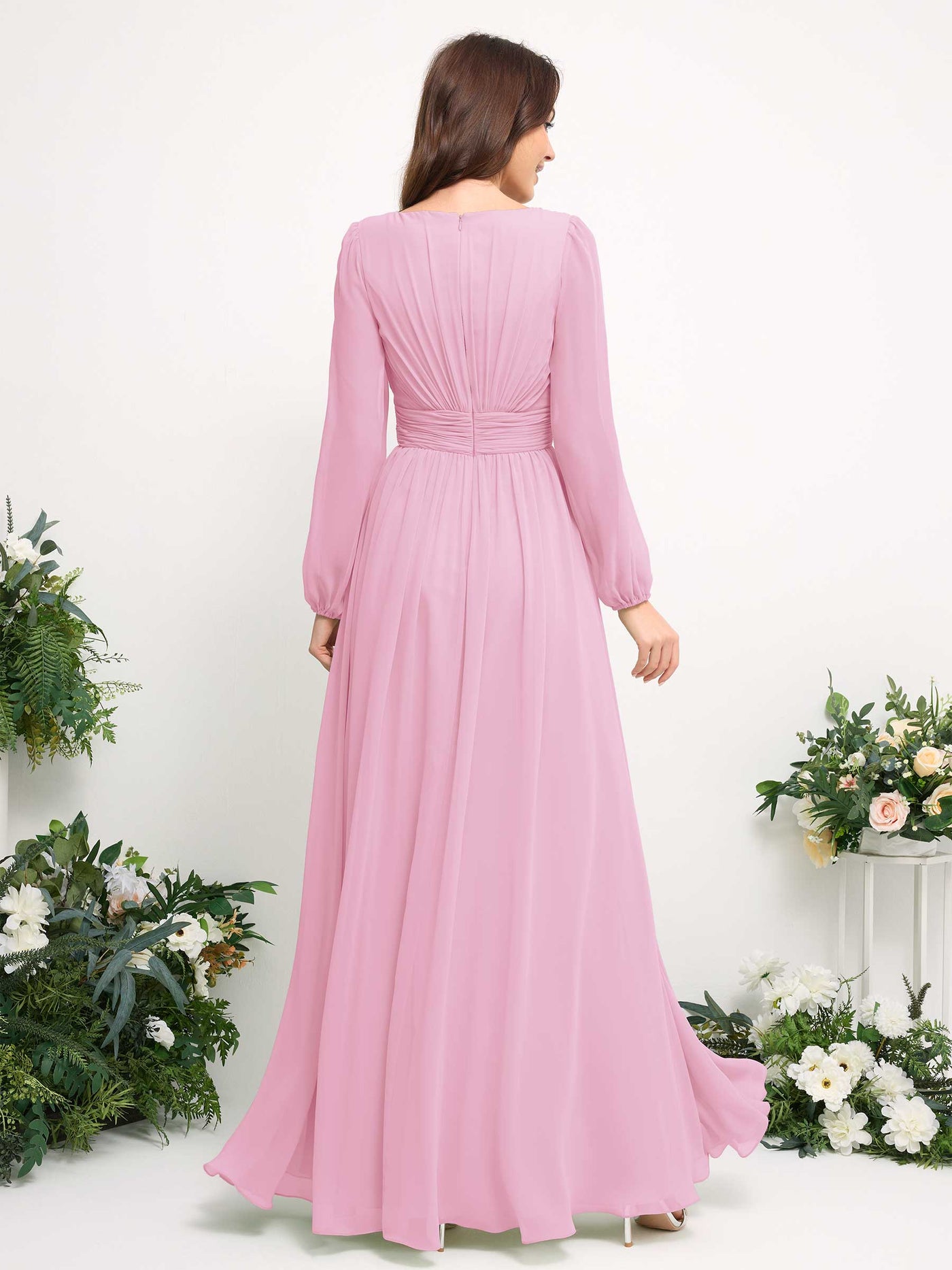 Carlyna A-Linien-Kleid mit U-Boot-Ausschnitt Chiffon Langarmkleid für Brautjungfer Bonbonrosa #farbe_bonbonrosa