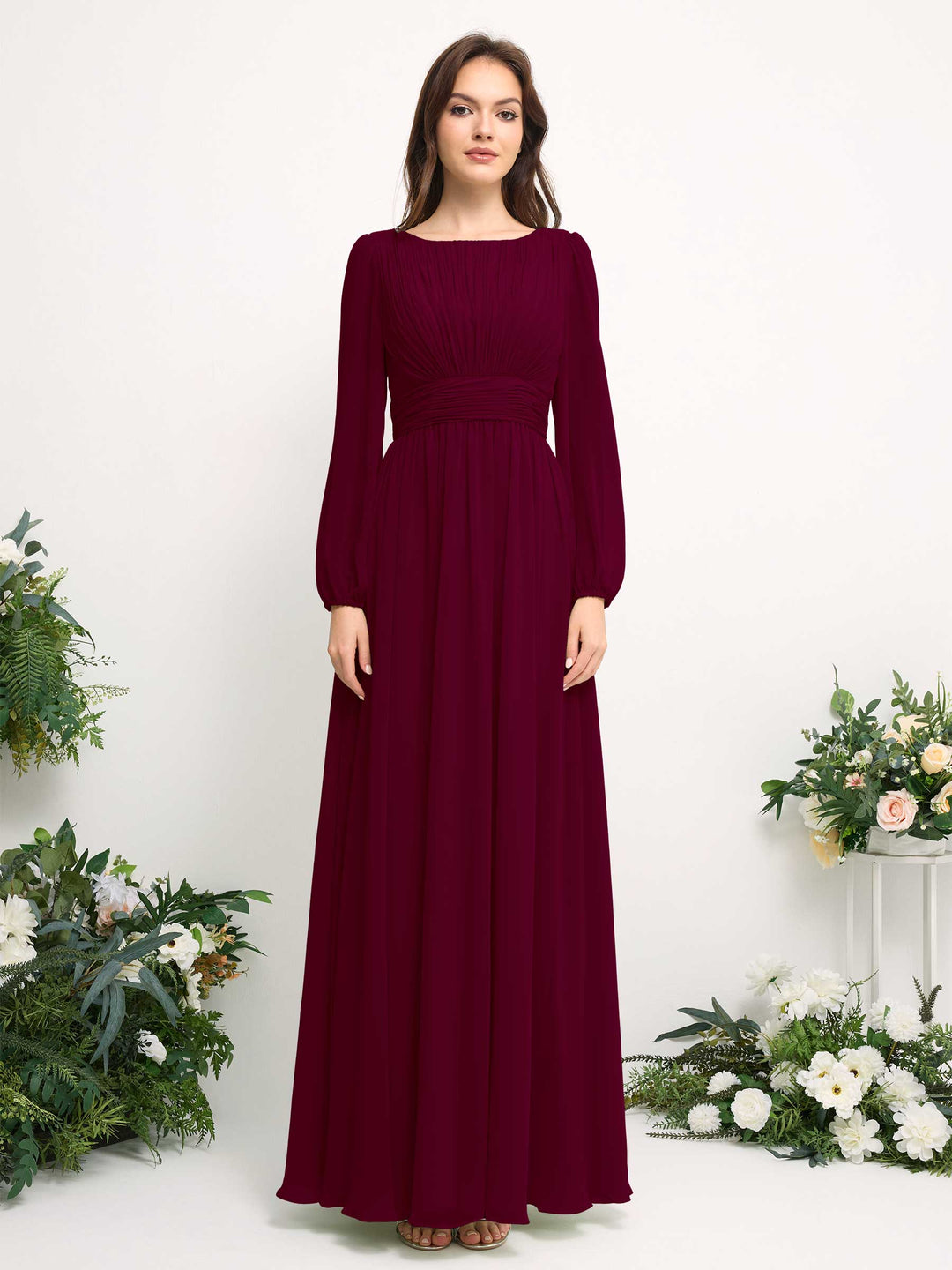 Carlyna A-Linien-Kleid mit U-Boot-Ausschnitt Chiffon Langarmkleid für Brautjungfer Burgunderrot 