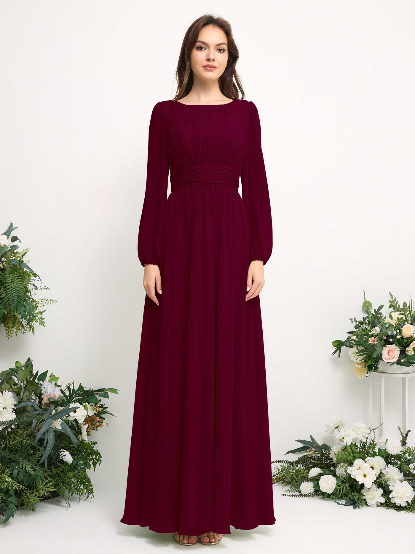 Carlyna A-Linien-Kleid mit U-Boot-Ausschnitt Chiffon Langarmkleid für Brautjungfer Burgunderrot #farbe_burgunderrot