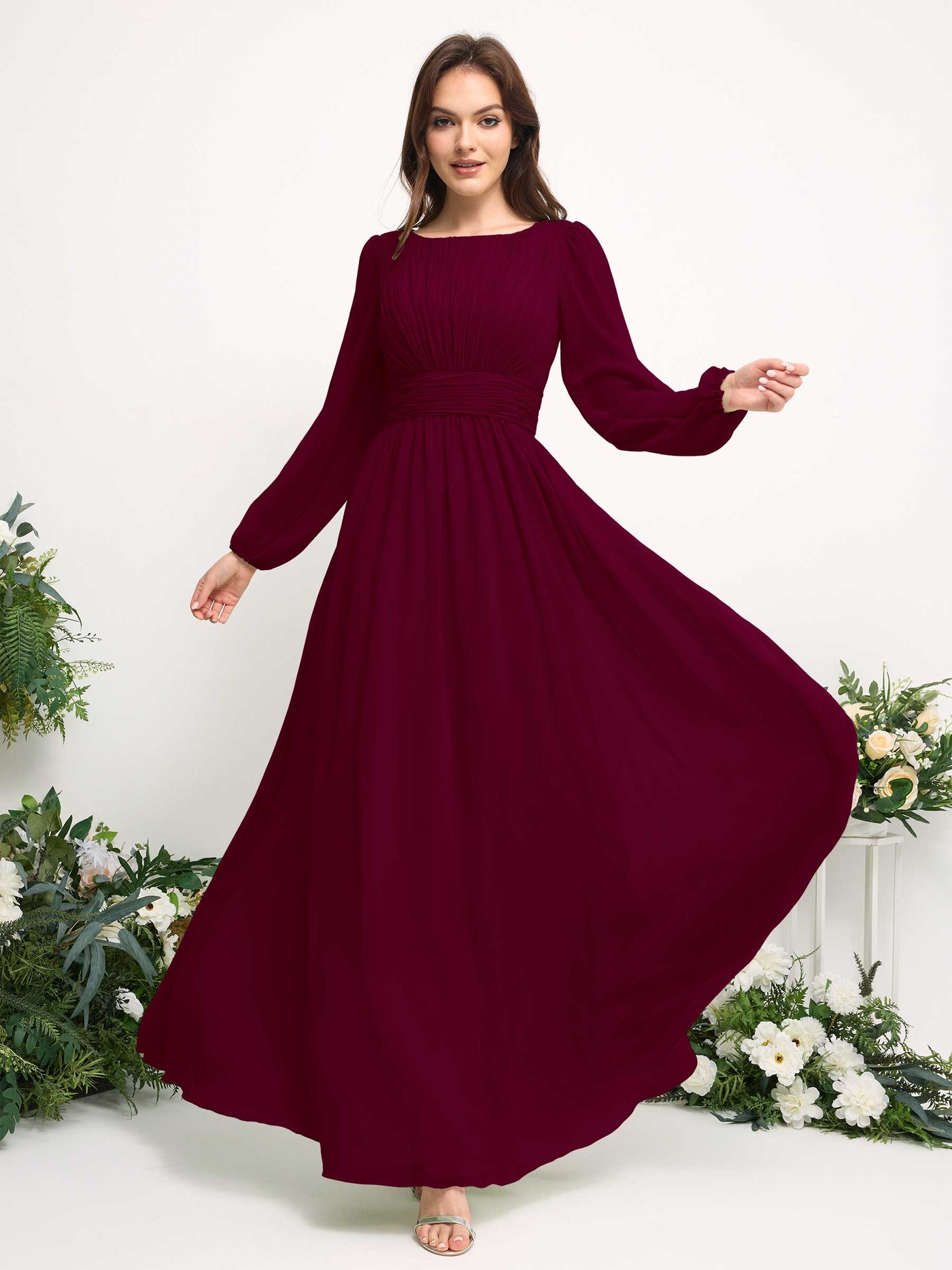 Carlyna A-Linien-Kleid mit U-Boot-Ausschnitt Chiffon Langarmkleid für Brautjungfer Burgunderrot #farbe_burgunderrot