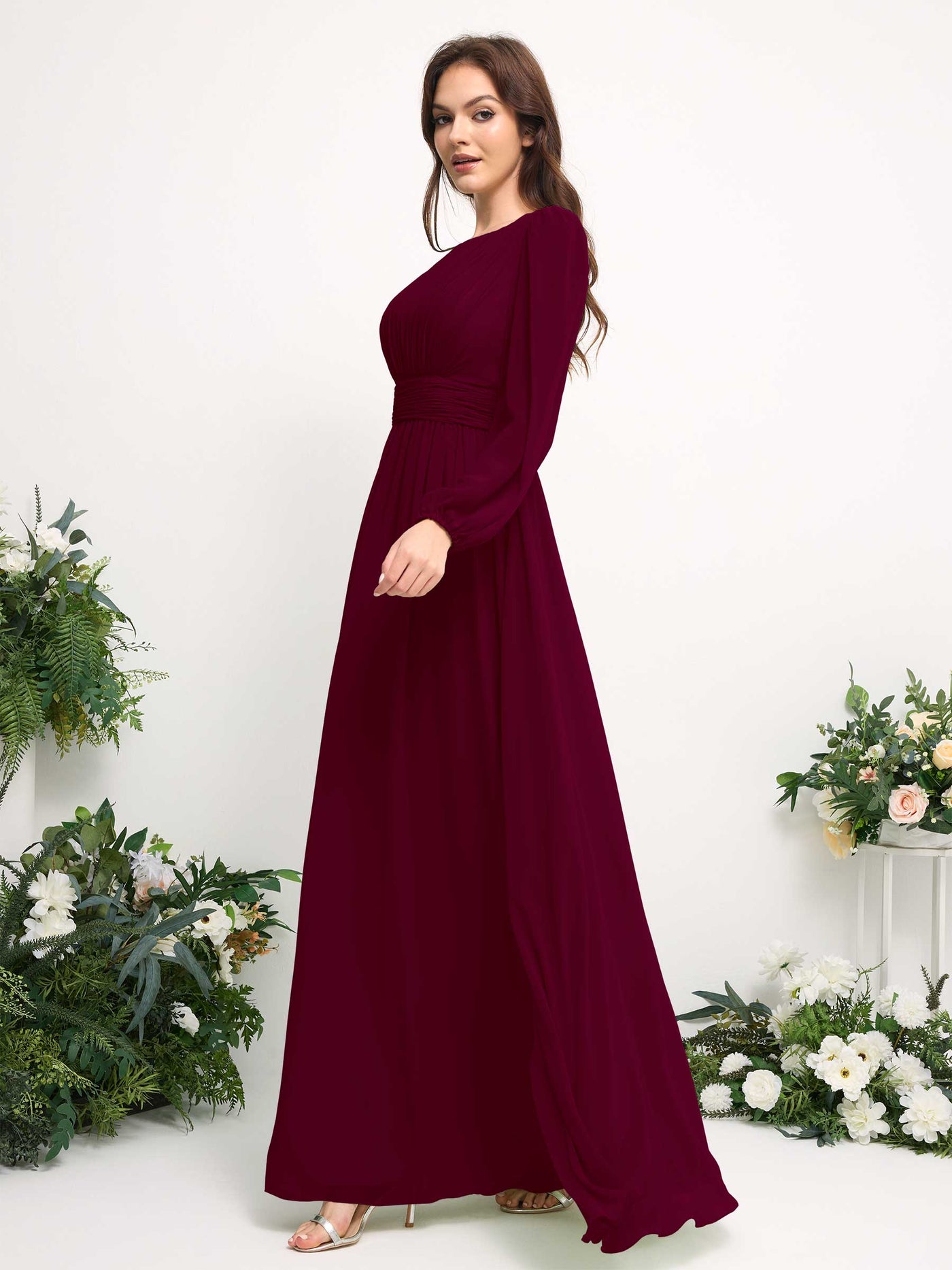 Carlyna A-Linien-Kleid mit U-Boot-Ausschnitt Chiffon Langarmkleid für Brautjungfer Burgunderrot #farbe_burgunderrot