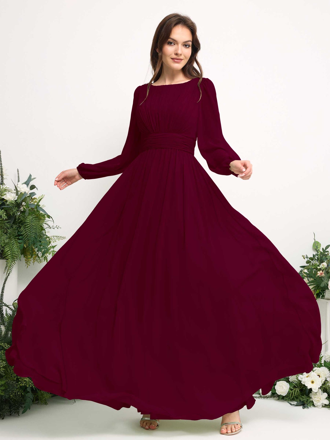 Carlyna A-Linien-Kleid mit U-Boot-Ausschnitt Chiffon Langarmkleid für Brautjungfer Burgunderrot #farbe_burgunderrot