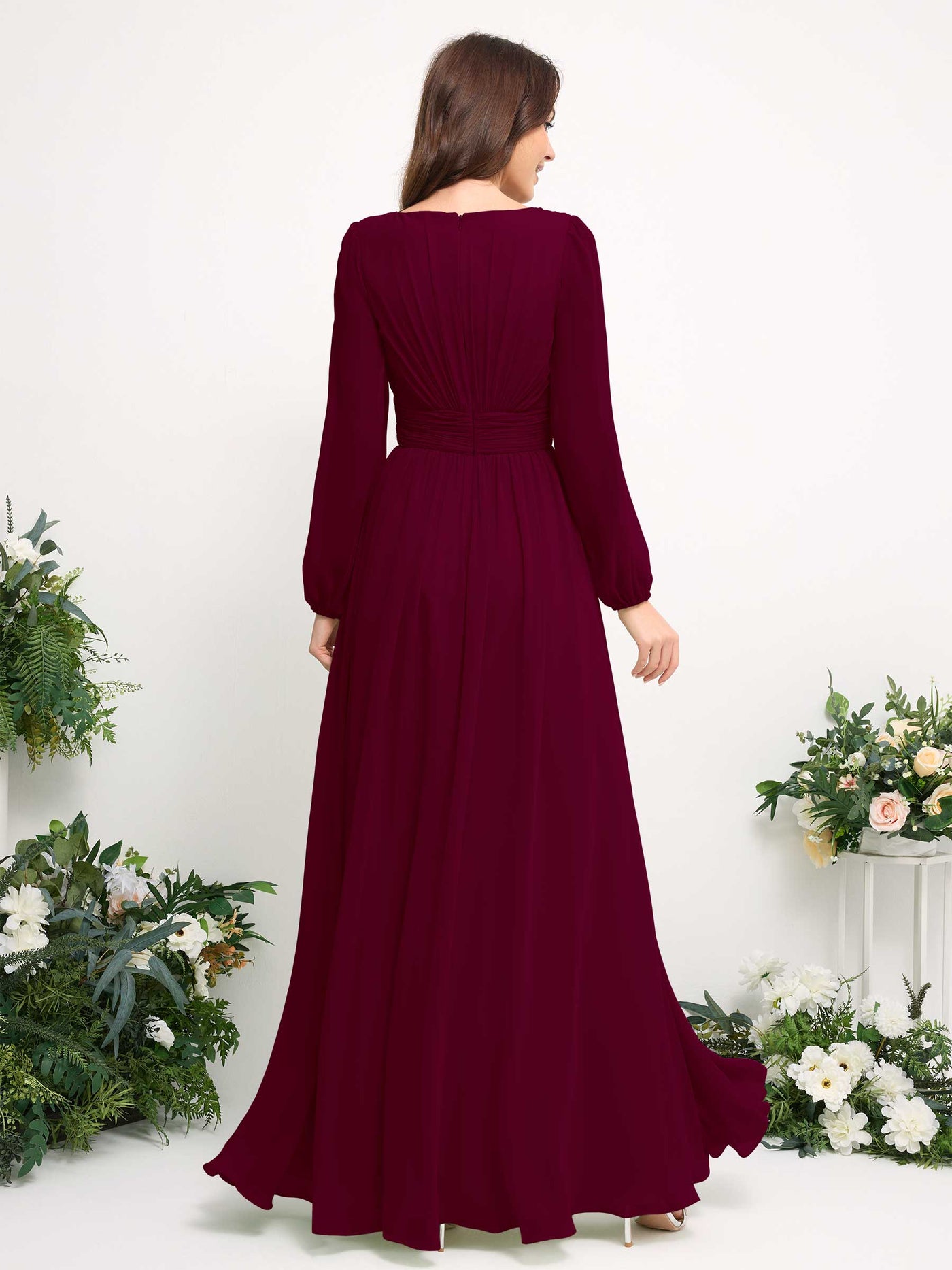 Carlyna A-Linien-Kleid mit U-Boot-Ausschnitt Chiffon Langarmkleid für Brautjungfer Burgunderrot #farbe_burgunderrot