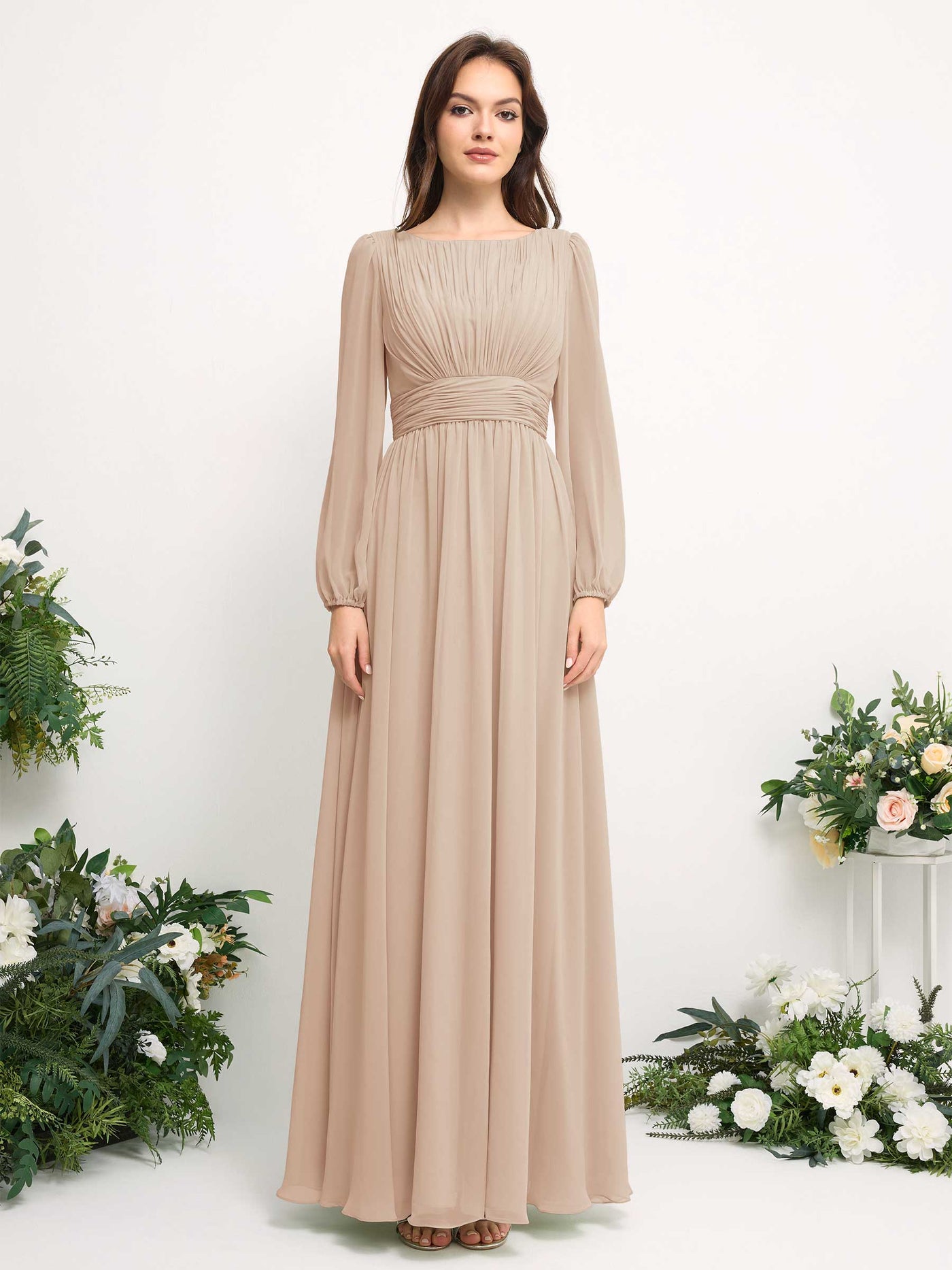 Carlyna A-Linien-Kleid mit U-Boot-Ausschnitt Chiffon Langarmkleid für Brautjungfer Champagner #farbe_champagner