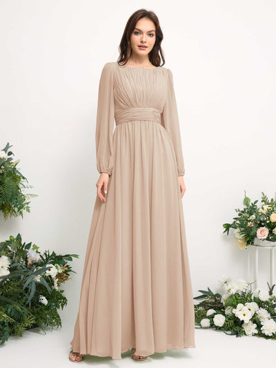 Carlyna A-Linien-Kleid mit U-Boot-Ausschnitt Chiffon Langarmkleid für Brautjungfer Champagner #farbe_champagner