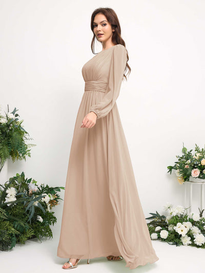 Carlyna A-Linien-Kleid mit U-Boot-Ausschnitt Chiffon Langarmkleid für Brautjungfer Champagner #farbe_champagner