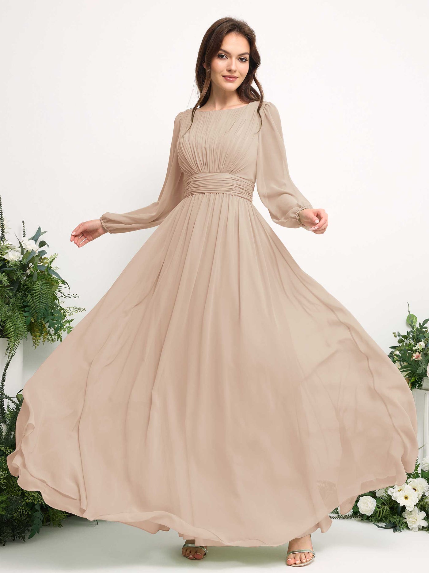 Carlyna A-Linien-Kleid mit U-Boot-Ausschnitt Chiffon Langarmkleid für Brautjungfer Champagner #farbe_champagner