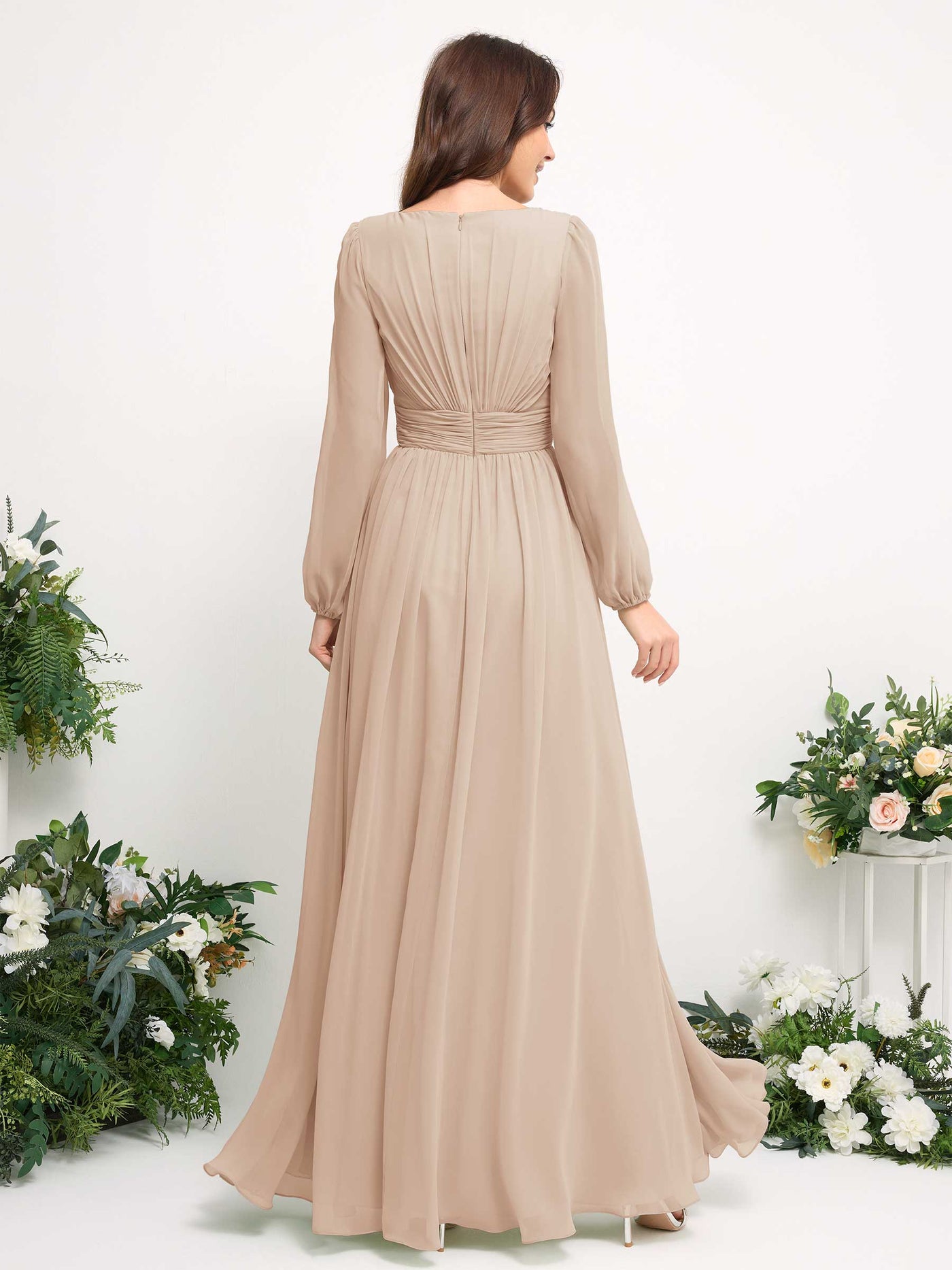 Carlyna A-Linien-Kleid mit U-Boot-Ausschnitt Chiffon Langarmkleid für Brautjungfer Champagner #farbe_champagner