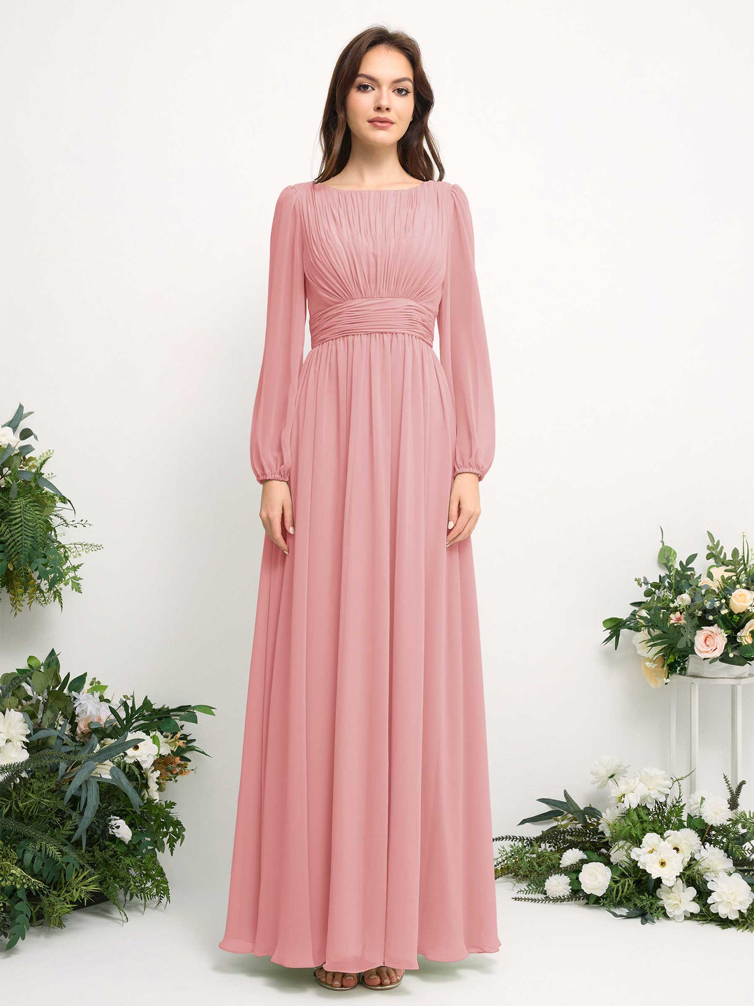 Carlyna A-Linien-Kleid mit U-Boot-Ausschnitt Chiffon Langarmkleid für Brautjungfer Champagner-Rose 