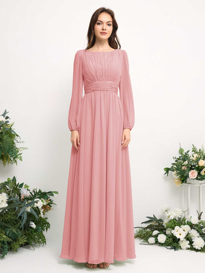 Carlyna A-Linien-Kleid mit U-Boot-Ausschnitt Chiffon Langarmkleid für Brautjungfer Champagner-Rose #farbe_champagner-rose