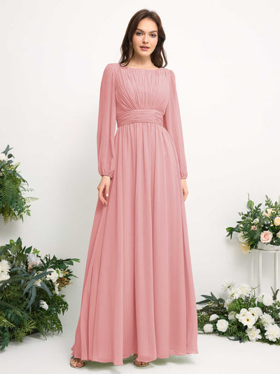 Carlyna A-Linien-Kleid mit U-Boot-Ausschnitt Chiffon Langarmkleid für Brautjungfer Champagner-Rose #farbe_champagner-rose
