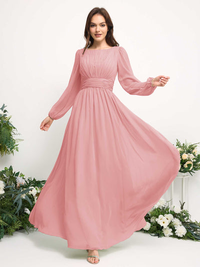 Carlyna A-Linien-Kleid mit U-Boot-Ausschnitt Chiffon Langarmkleid für Brautjungfer Champagner-Rose #farbe_champagner-rose