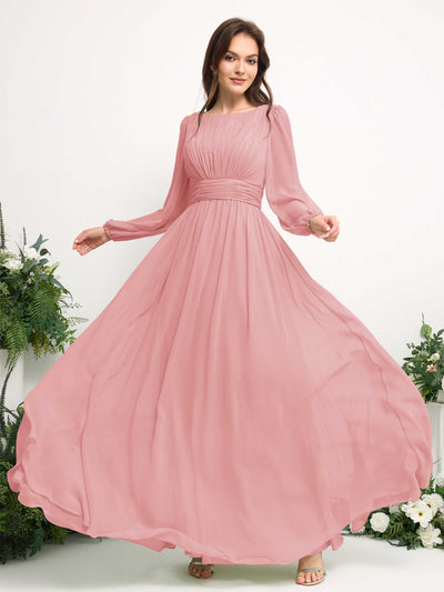 Carlyna A-Linien-Kleid mit U-Boot-Ausschnitt Chiffon Langarmkleid für Brautjungfer Champagner-Rose #farbe_champagner-rose