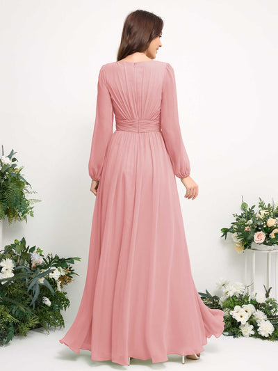 Carlyna A-Linien-Kleid mit U-Boot-Ausschnitt Chiffon Langarmkleid für Brautjungfer Champagner-Rose #farbe_champagner-rose
