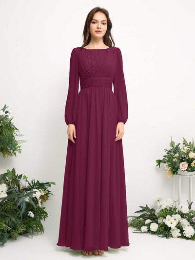 Carlyna A-Linien-Kleid mit U-Boot-Ausschnitt Chiffon Langarmkleid für Brautjungfer Chianti #farbe_chianti