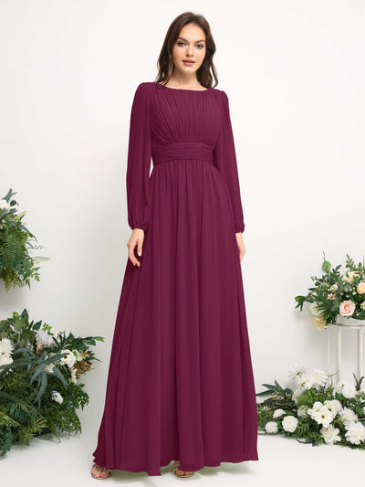 Carlyna A-Linien-Kleid mit U-Boot-Ausschnitt Chiffon Langarmkleid für Brautjungfer Chianti #farbe_chianti