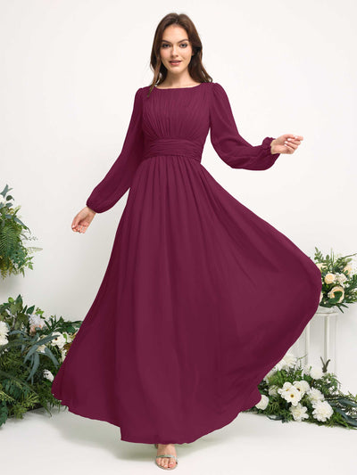 Carlyna A-Linien-Kleid mit U-Boot-Ausschnitt Chiffon Langarmkleid für Brautjungfer Chianti #farbe_chianti
