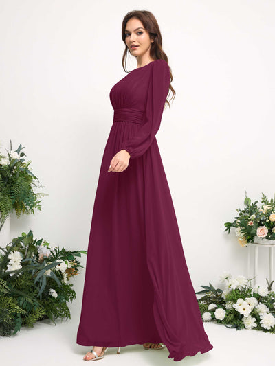 Carlyna A-Linien-Kleid mit U-Boot-Ausschnitt Chiffon Langarmkleid für Brautjungfer Chianti #farbe_chianti