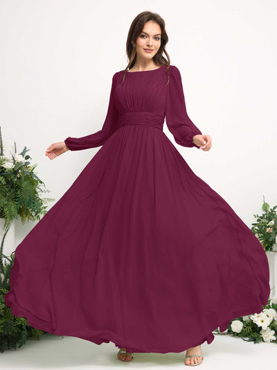 Carlyna A-Linien-Kleid mit U-Boot-Ausschnitt Chiffon Langarmkleid für Brautjungfer Chianti #farbe_chianti