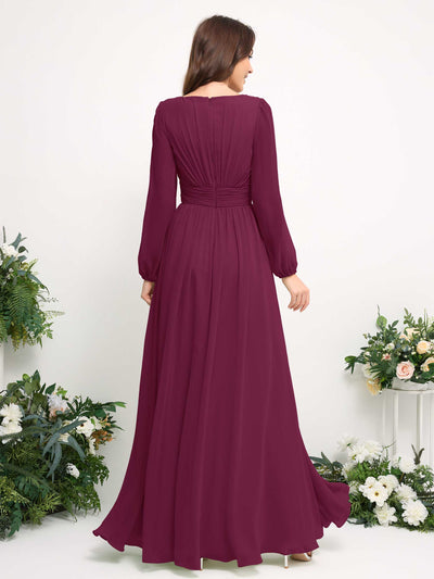 Carlyna A-Linien-Kleid mit U-Boot-Ausschnitt Chiffon Langarmkleid für Brautjungfer Chianti #farbe_chianti