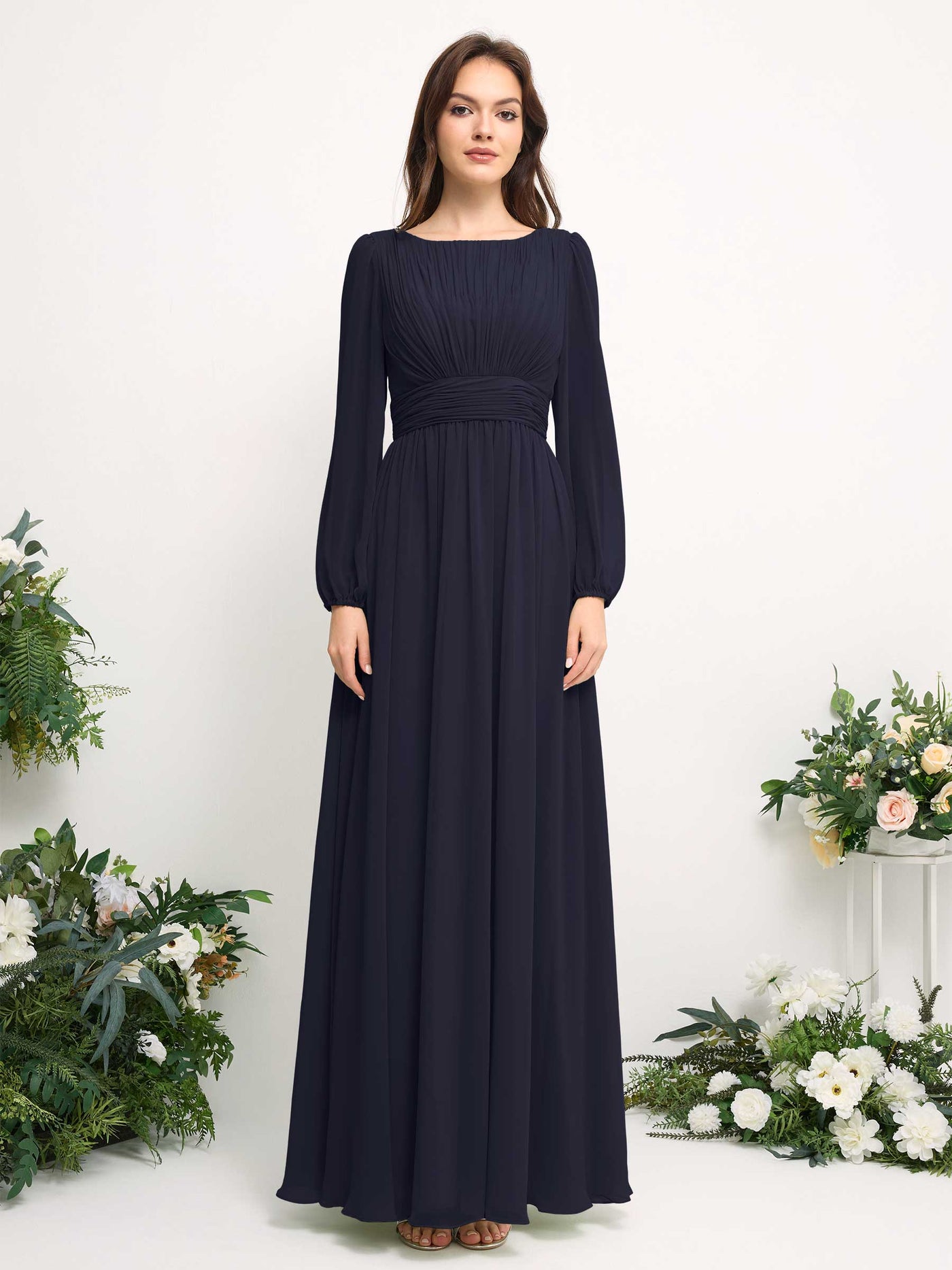 Carlyna A-Linien-Kleid mit U-Boot-Ausschnitt Chiffon Langarmkleid für Brautjungfer Dunkel Marineblau #farbe_dunkel-marineblau