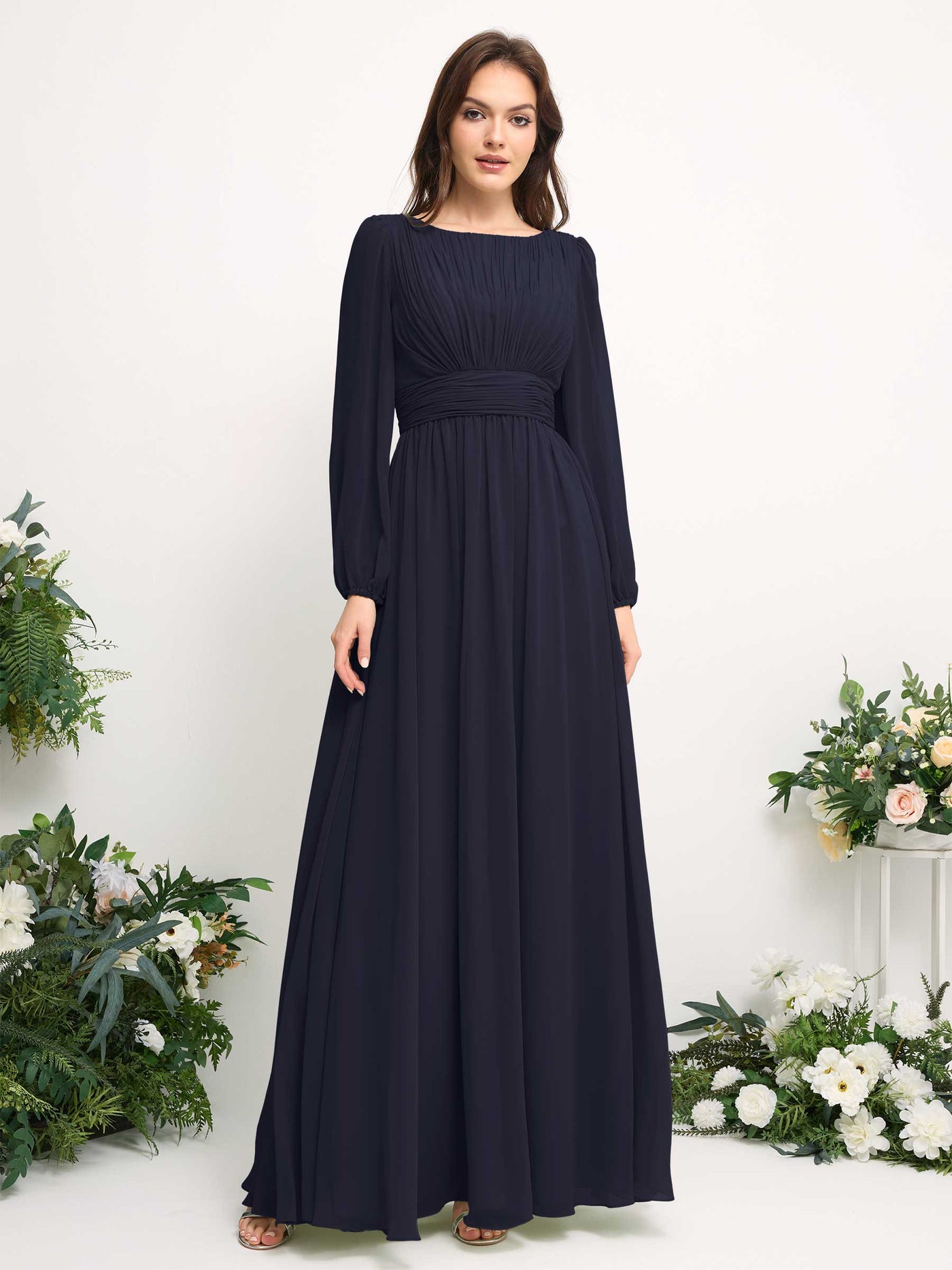 Carlyna A-Linien-Kleid mit U-Boot-Ausschnitt Chiffon Langarmkleid für Brautjungfer Dunkel Marineblau #farbe_dunkel-marineblau