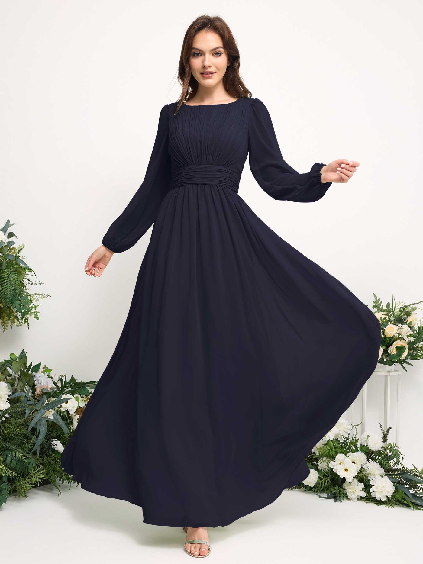 Carlyna A-Linien-Kleid mit U-Boot-Ausschnitt Chiffon Langarmkleid für Brautjungfer Dunkel Marineblau #farbe_dunkel-marineblau