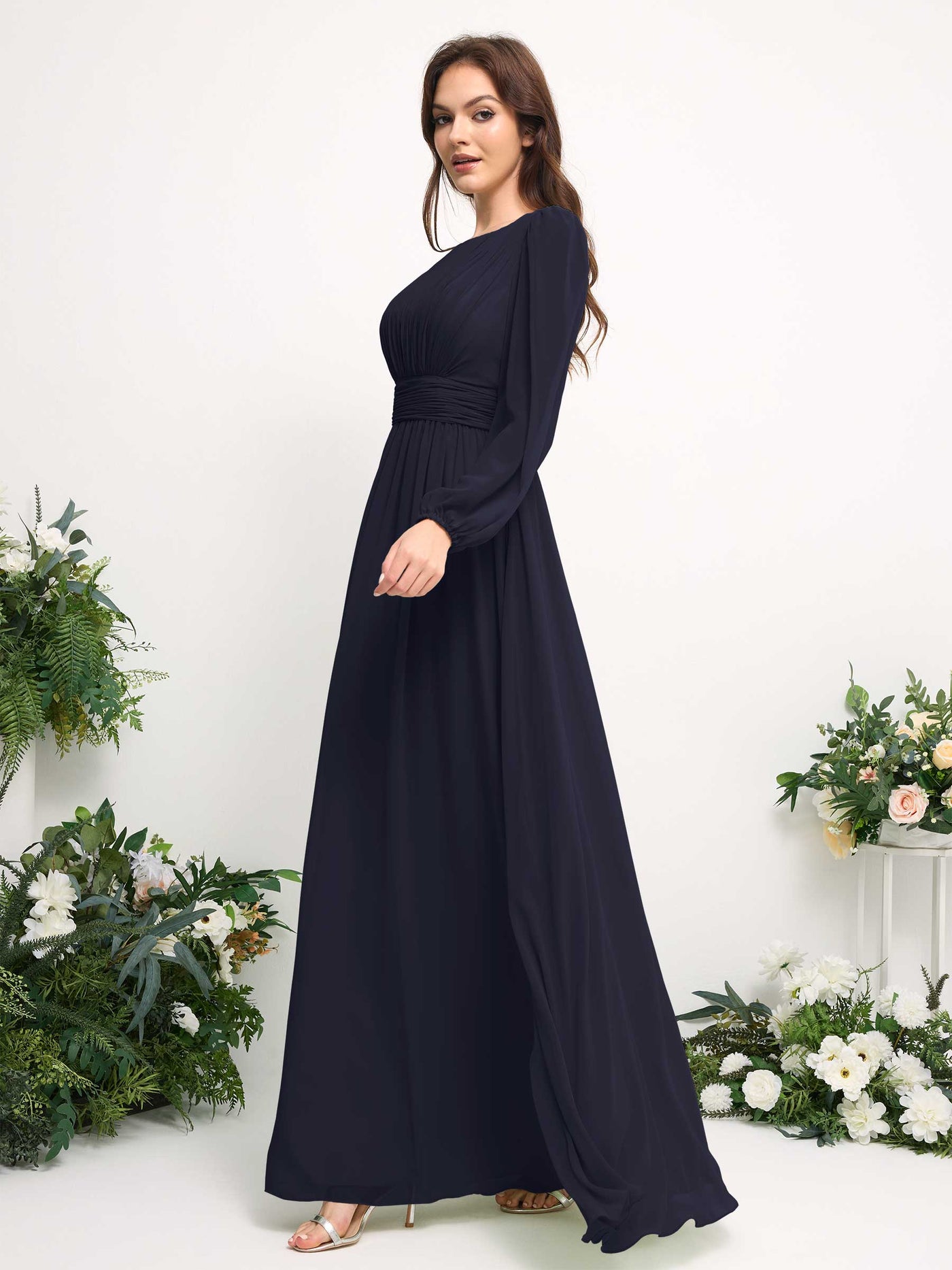 Carlyna A-Linien-Kleid mit U-Boot-Ausschnitt Chiffon Langarmkleid für Brautjungfer Dunkel Marineblau #farbe_dunkel-marineblau